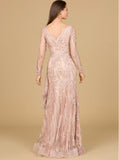 Lara Blush Long Sleeve V-Neck Lace Gown with Feathers 29133