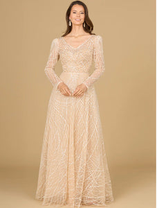 Lara Champagne Long Sleeve V-Neck Ballgown 29149