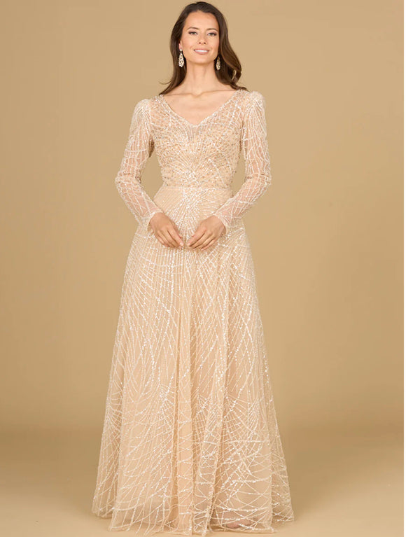 Lara Champagne Long Sleeve V-Neck Ballgown 29149