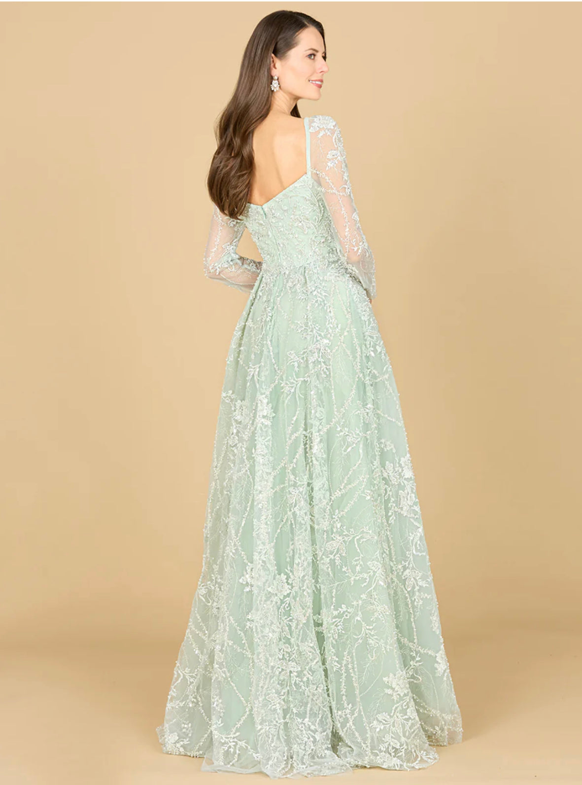 Lara Dusty Sage Long Sleeve Beaded Lace Gown 29151 – Moreno's Wear