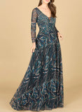 Lara Blue Lace with Long Sleeves Gown 29153