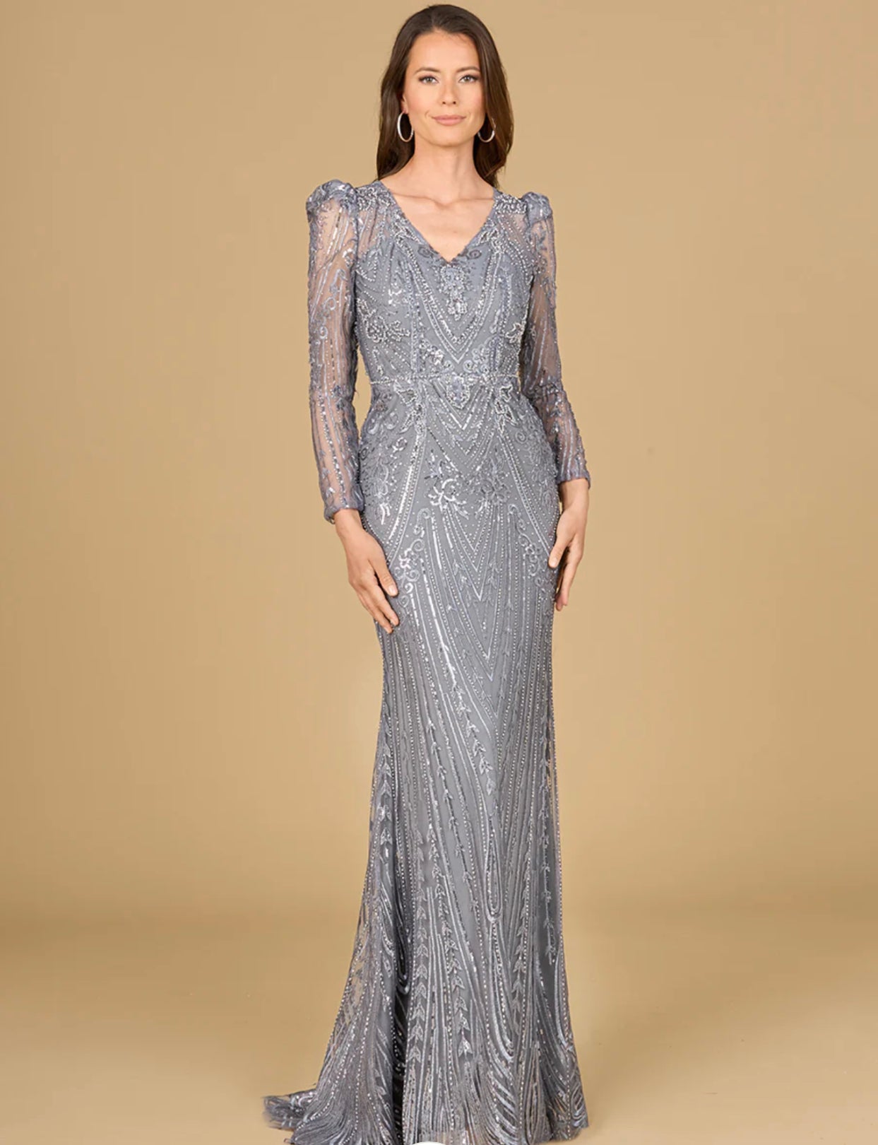 Lara Grey Long Sleeve Sheath Gown 29156 Moreno's Wear Lara Grey Long Sleeve Sheath Gown 29156 Moreno's Wear