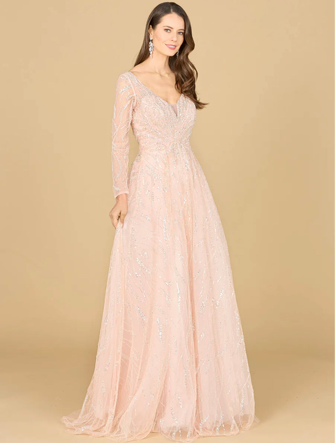 Lara Powder Pink Long Sleeve Beaded Lace Gown 29157 Moreno's Wear Lara Powder Pink Long Sleeve Beaded Lace Gown 29157 Moreno's Wear