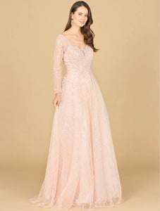 Lara Powder Pink Long Sleeve Beaded Lace Gown 29157