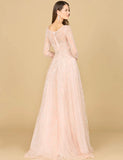 Lara Powder Pink Long Sleeve Beaded Lace Gown 29157