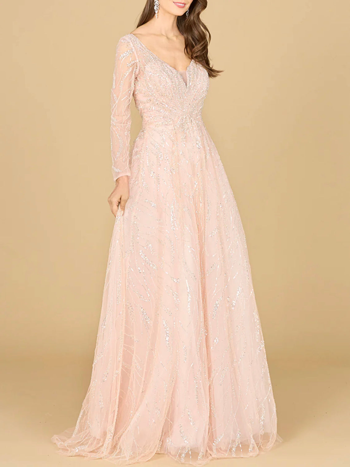 Lara Powder Pink Long Sleeve Beaded Lace Gown 29157 Moreno's Wear Lara Powder Pink Long Sleeve Beaded Lace Gown 29157 Moreno's Wear