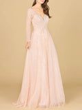 Lara Powder Pink Long Sleeve Beaded Lace Gown 29157