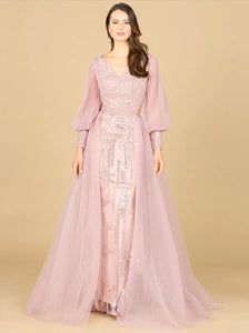 Lara Mauve Long Sleeve with Removable Over Skirt Gown 29158