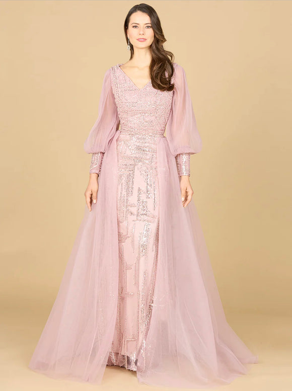 Lara Mauve Long Sleeve with Removable Over Skirt Gown 29158 Moreno's Wear Lara Mauve Long Sleeve with Removable Over Skirt Gown 29158 Moreno's Wear