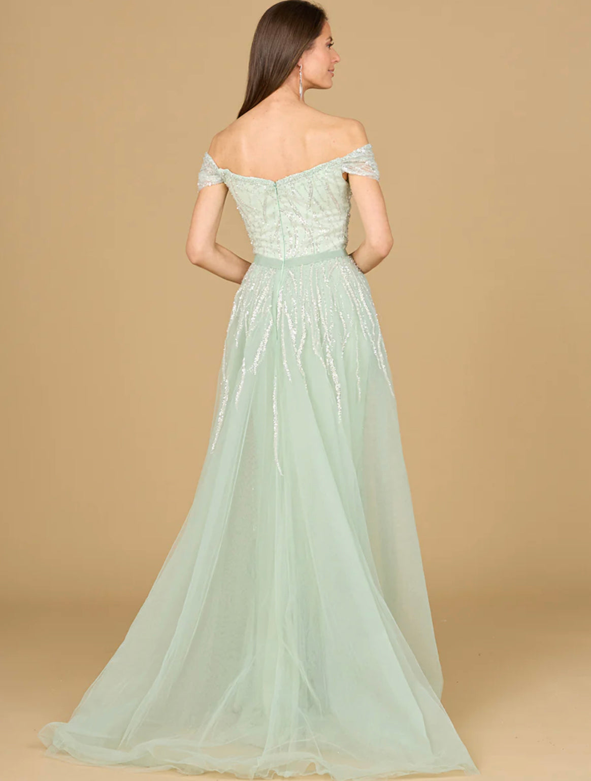 classic off shoulder dress Lara Dusty Sage Classic Off Shoulder Overskirt Gown 29162 – Moreno's Wear