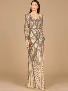 Lara Nude Cascading Beads Long Sleeve Dress 29165