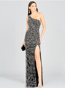 Lara Black/Silver One-Shoulder Beaded with High Slit Gown 29170