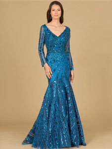 Lara Teal Mermaid Long Sleeve Gown 29188