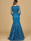 Lara Teal Mermaid Long Sleeve Gown 29188