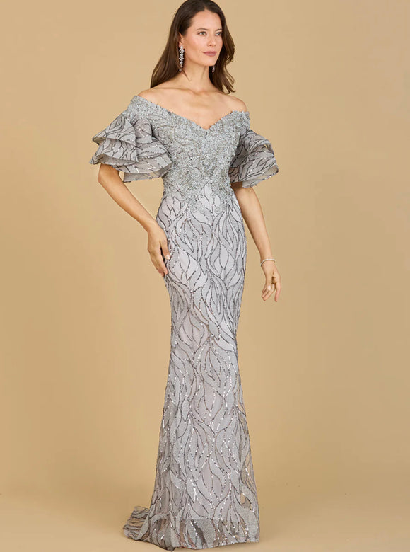 Lara Off Shoulder Mermaid Beaded with Tiered Sleeves Gown 29190