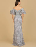 Lara Off Shoulder Mermaid Beaded with Tiered Sleeves Gown 29190