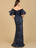 Lara Off Shoulder Mermaid Beaded with Tiered Sleeves Gown 29190