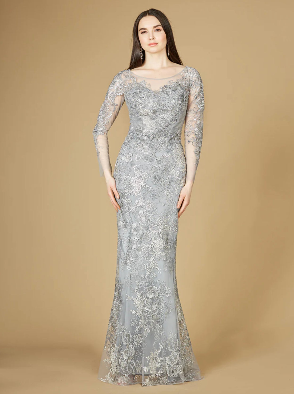Lara Thistle High Neck Long Sleeve Fitted Lace Gown 29232 Moreno's Wear Lara Thistle High Neck Long Sleeve Fitted Lace Gown 29232 Moreno's Wear