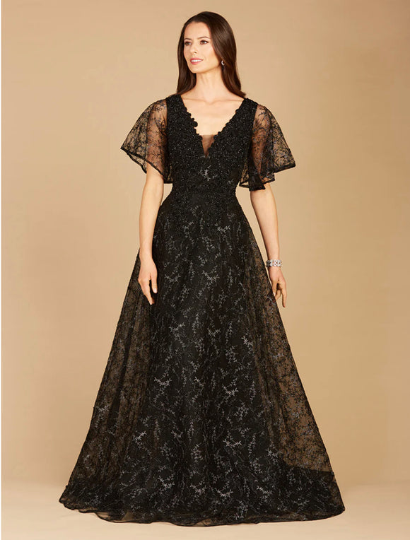 Lara Black Cape Sleeve Beaded Gown 29302