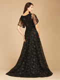 Lara Black Cape Sleeve Beaded Gown 29302