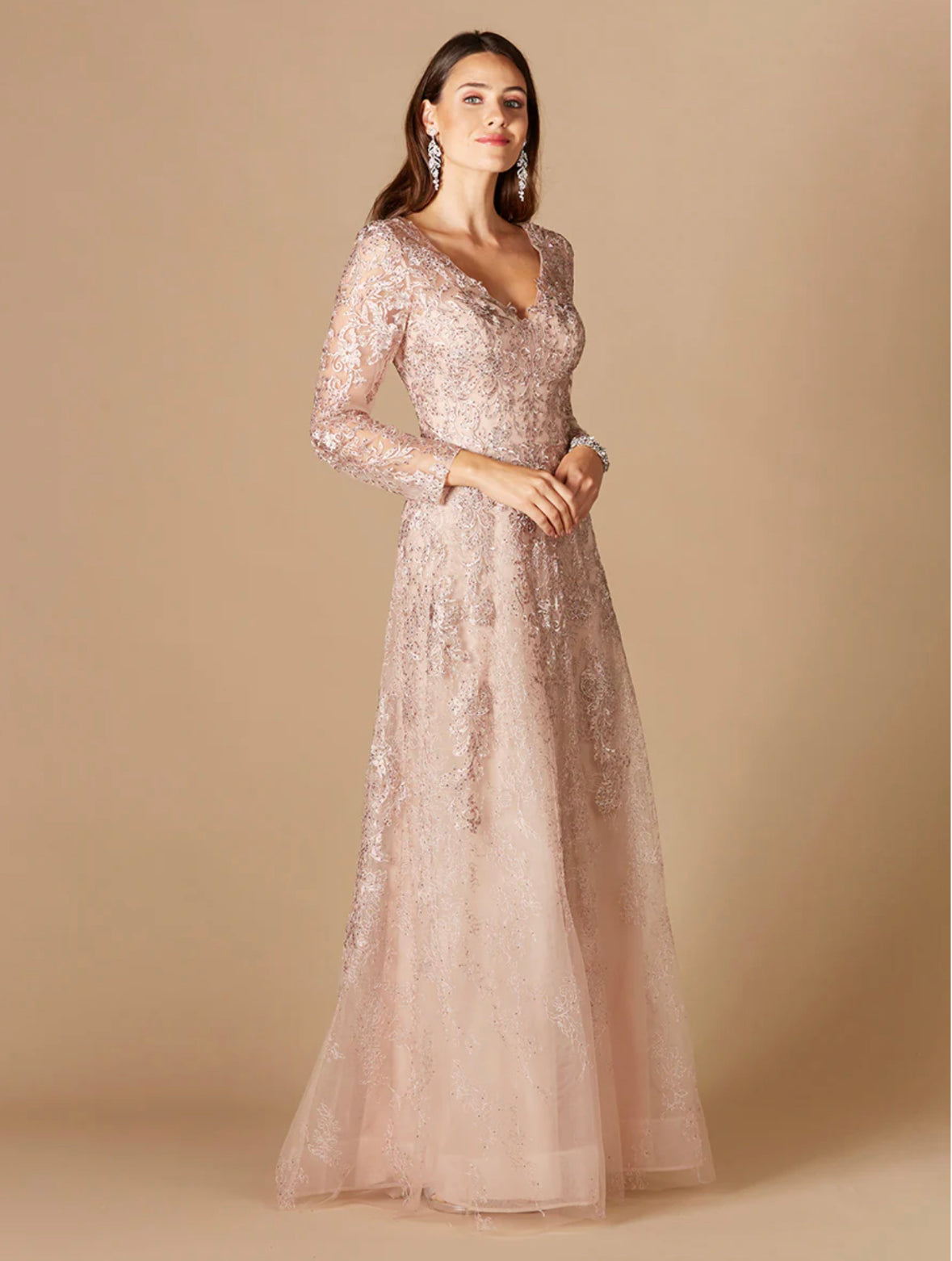 Lara Blush Long Sleeve V-Neck Lace Gown 29326 Moreno's Wear Lara Blush Long Sleeve V-Neck Lace Gown 29326 Moreno's Wear