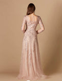 Lara Blush Long Sleeve V-Neck Lace Gown 29326