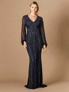 Lara Navy Long Sleeve Beaded Gown 29338