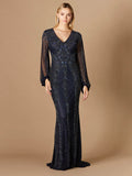 Lara Navy Long Sleeve Beaded Gown 29338