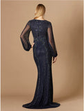 Lara Navy Long Sleeve Beaded Gown 29343