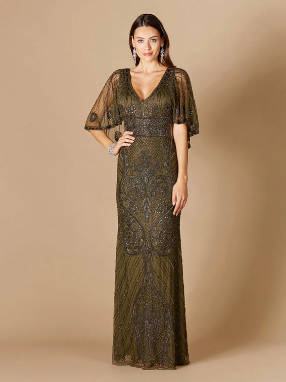 Lara Cape Sleeve V-Neck Beaded Gown 29356