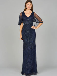 Lara Cape Sleeve V-Neck Beaded Gown 29356