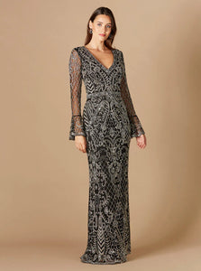 Lara Long Bell Sleeve V-Neck Beaded Gown 29358