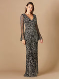 Lara Long Bell Sleeve V-Neck Beaded Gown 29358