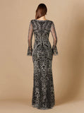 Lara Long Bell Sleeve V-Neck Beaded Gown 29358