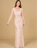 Lara Long Bell Sleeve V-Neck Beaded Gown 29358