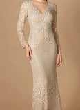 Lara Ivory/Nude Fitted Long Sleeve Beaded Gown 29360