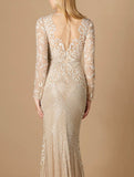 Lara Ivory/Nude Fitted Long Sleeve Beaded Gown 29360