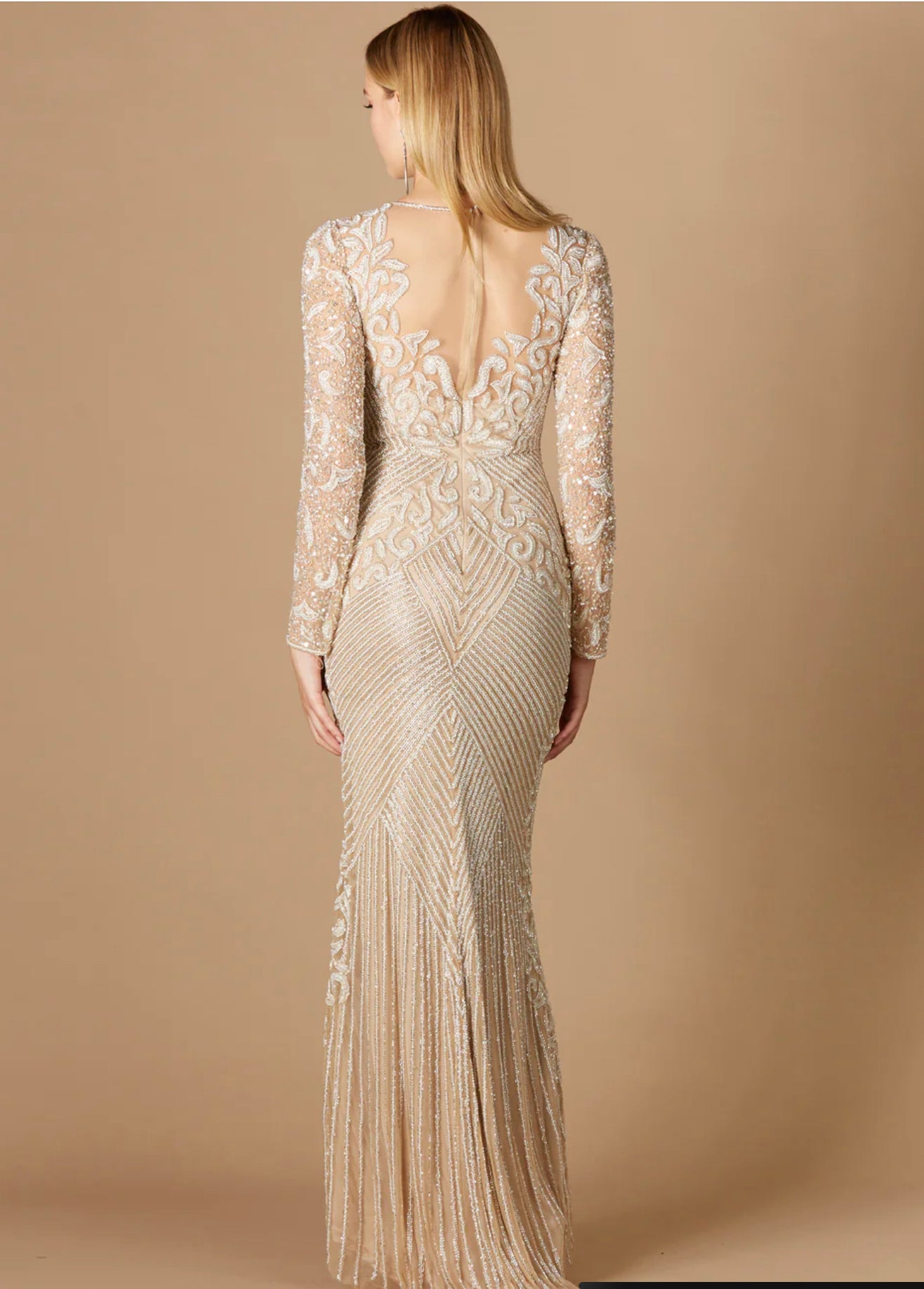 Lara Ivory/Nude Fitted Long Sleeve Beaded Gown 29360 Moreno's Wear Lara Ivory/Nude Fitted Long Sleeve Beaded Gown 29360 Moreno's Wear