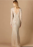 Lara Ivory/Nude Fitted Long Sleeve Beaded Gown 29360