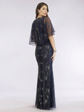 Lara Navy Cape Sleeve Beaded Gown 29393