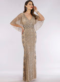 Lara Nude/Silver Cape Sleeve V-Neck Beaded Gown 29397