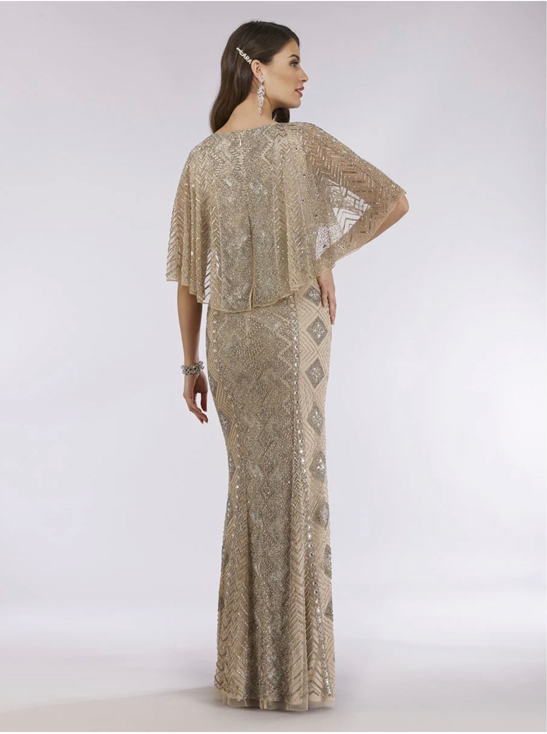 Lara Nude/Silver Cape Sleeve V-Neck Beaded Gown 29397  Moreno's Wear