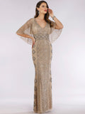 Lara Nude/Silver Cape Sleeve V-Neck Beaded Gown 29397