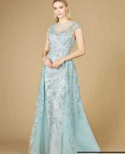 Lara Light Blue Floral Appliques High Neck Gown 29798