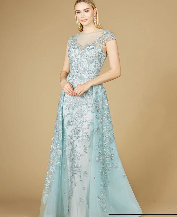 Lara Light Blue Floral Appliques High Neck Gown 29798