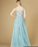 Lara Light Blue Floral Appliques High Neck Gown 29798