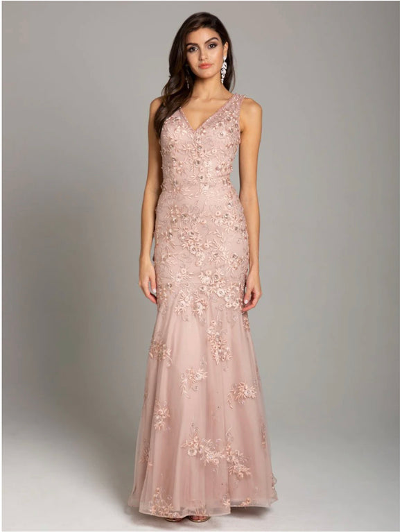 Lara Blush Mermaid with Floral Lace Appliqué Gown 29869