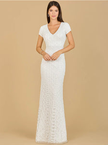 Lara Ivory Beaded V-Neckline Dress with Cap Sleeves 29746