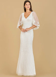 Lara Ivory Cape Sleeve V-Neck Beaded Gown 51142