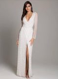 Lara Ivory Blair Long Sleeve Beaded Surplice Sheath Gown 51007